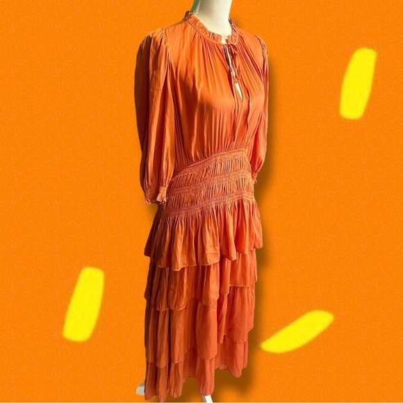NWT Maje Orange ‘Radjinette’ Tiered Ruffle Satin Midi Dress French Size 42 = XL - Picture 16 of 16